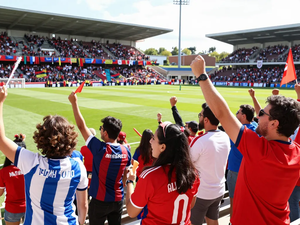 Football fans at a vibrant match celebrating 7m with team jerseys and flags.
