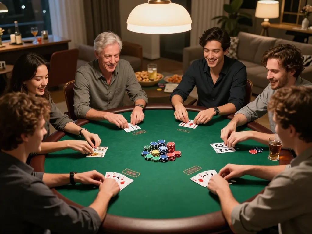 Social gathering at nhà cái rr88 poker night, friends enjoying a friendly competition with chips and cards.