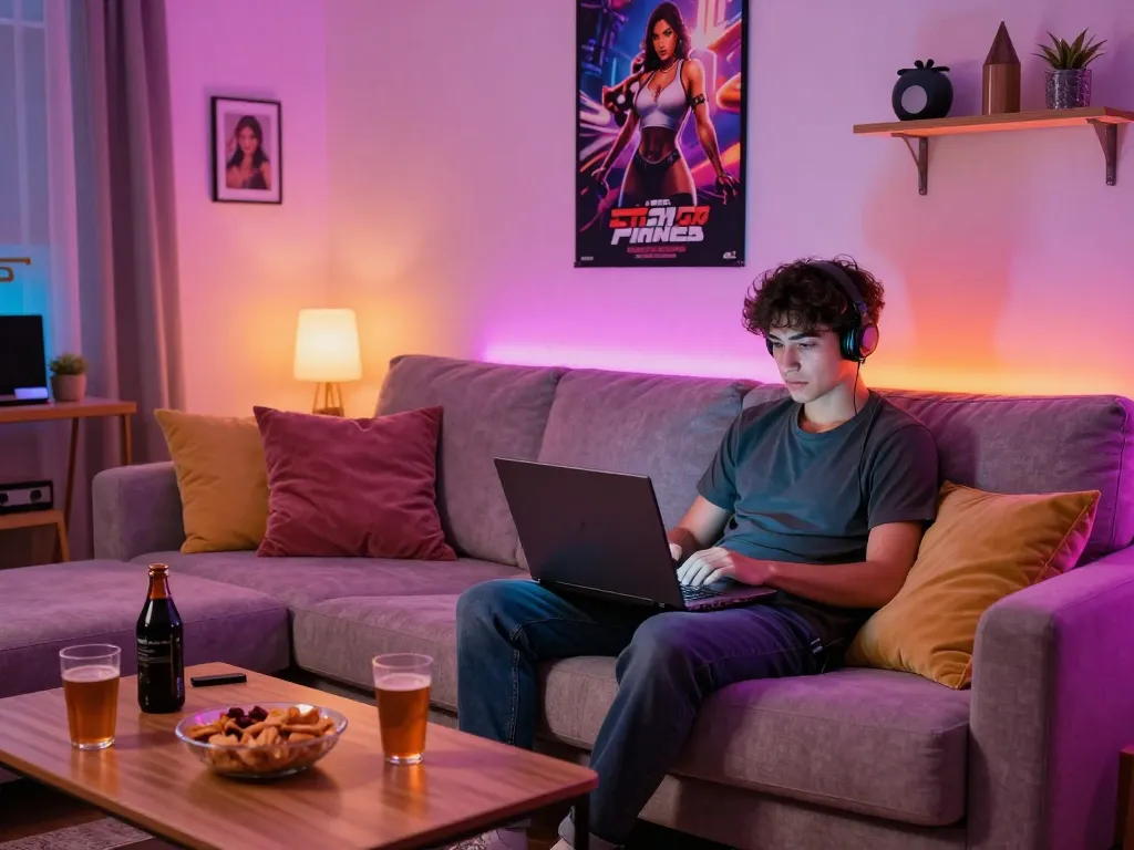 Enjoy immersive porn games in a cozy living room with engaging visuals and snacks.