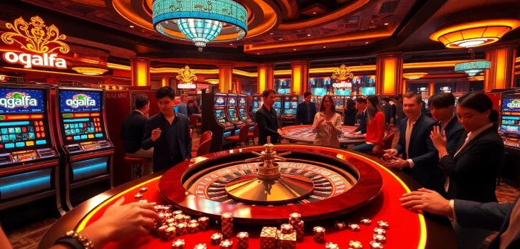 Experience the thrill at QQALFA's luxury casino, featuring vibrant slot machines and lively gaming tables.