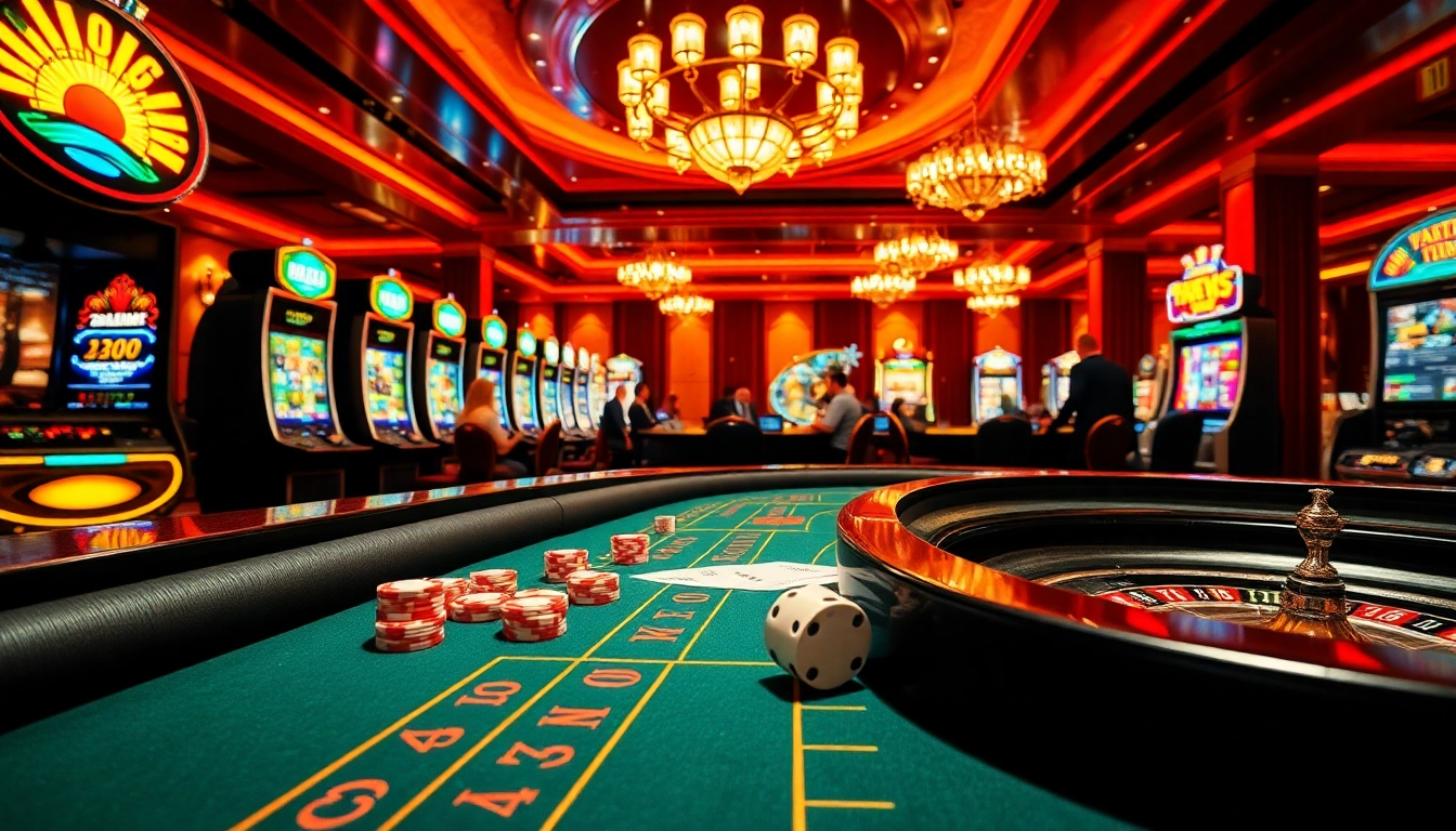 Experience the excitement of online gambling at https://mm88.agency/ with players enjoying poker and roulette in a vibrant casino setting.