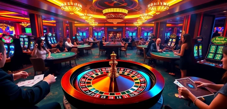 Players enjoying an exciting game at https://hitclub9.vip/, featuring poker chips and a roulette wheel.