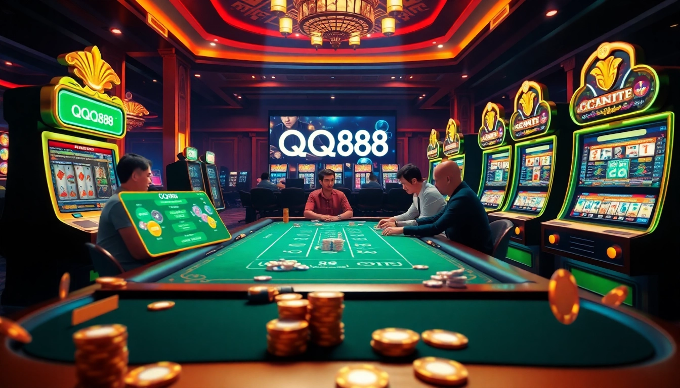 Exciting gaming experience at QQ88 with vibrant casino visuals and engaging players.