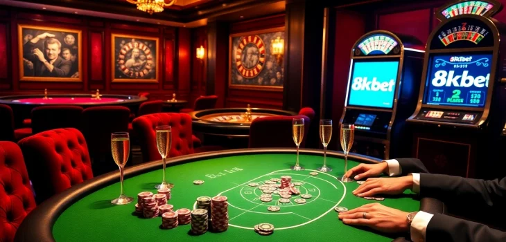 Experience high-stakes poker action at 8kbet's luxurious casino, showcasing chips and excitement.