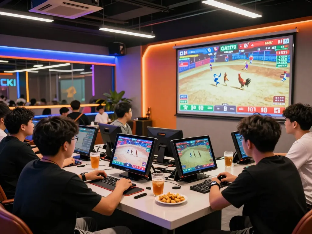 Live online betting experience at GA179 with players engaged in rooster fighting matches and vibrant atmosphere.