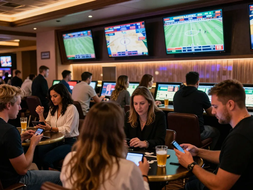 Hitclub patrons engaging in sports betting excitement with live screens and competitive atmosphere.