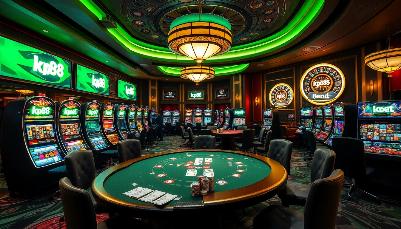 Engaging scene of players enjoying a high-stakes poker game at a luxurious casino with kp88 bet prominently featured.