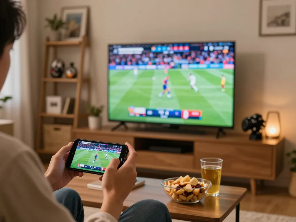 Dynamic sports betting moment on smartphone with Winbd Vip as excitement builds in a cozy home setting.