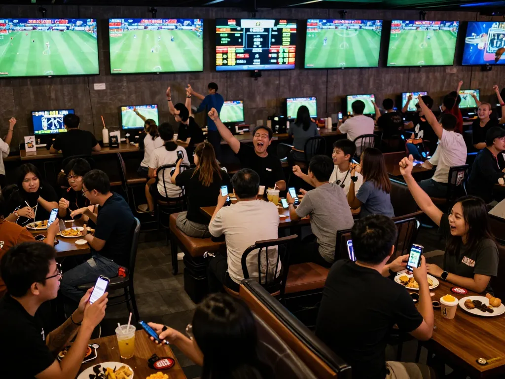 Fans engaging in keo nha cai betting while watching live sports in a vibrant pub atmosphere