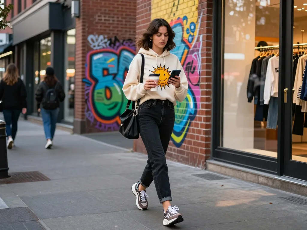 Young woman in sunwin hoodie showcasing urban street fashion style