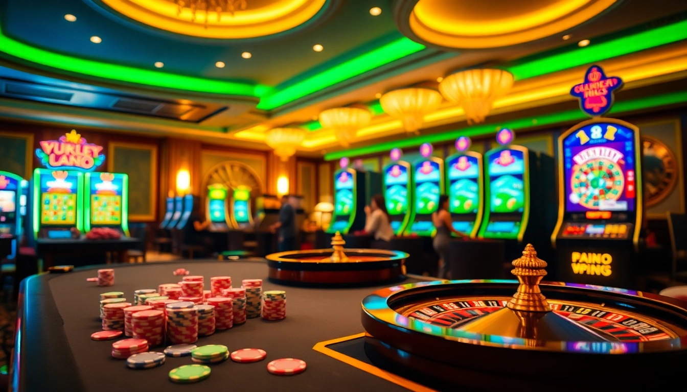 Engaging gameplay at NK88 casino with vibrant slot machines and poker chips.