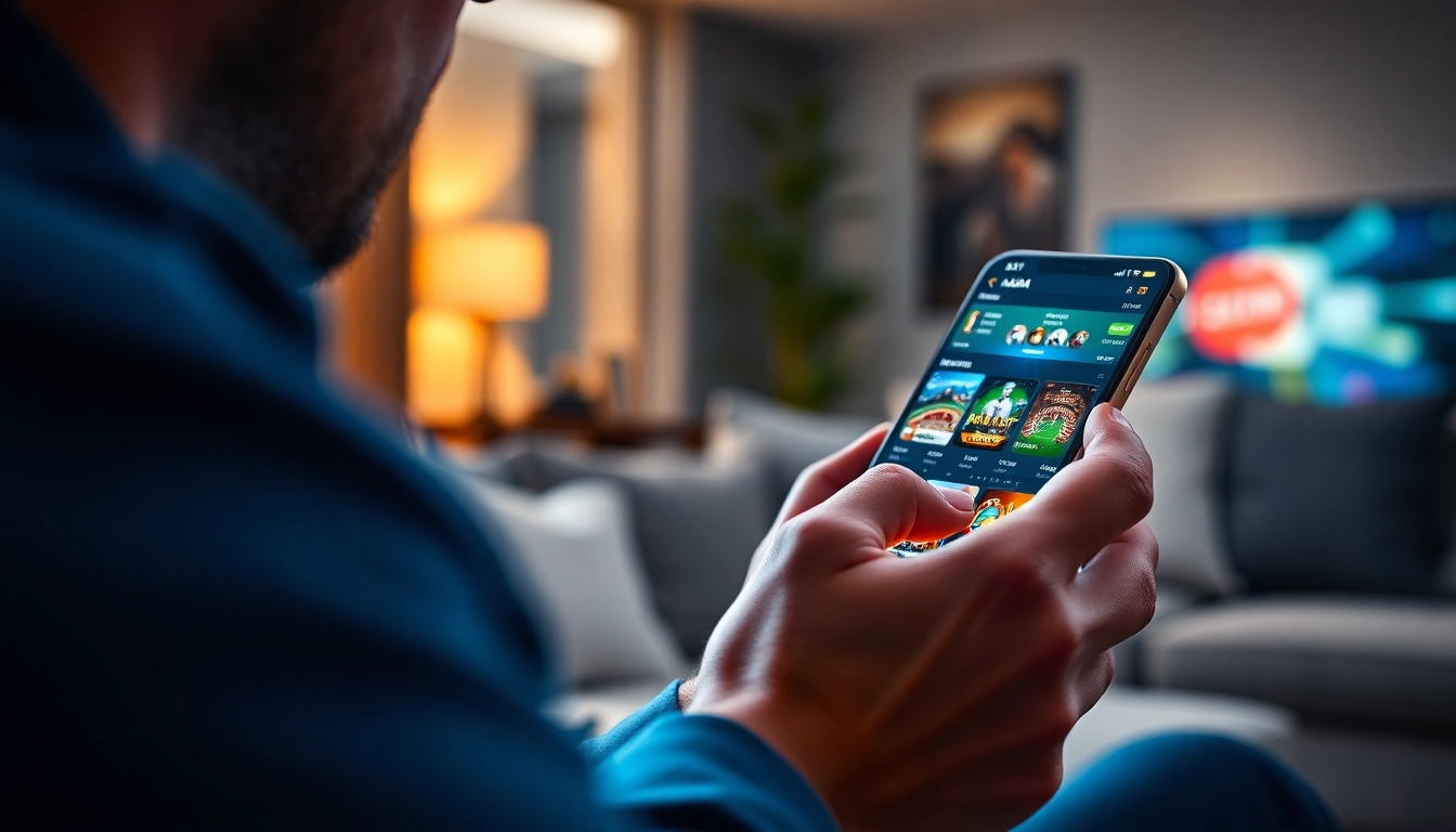 Dynamic view of a user enjoying the Trang Chủ OKATM online betting interface on a smartphone, showcasing vibrant games and sports betting.
