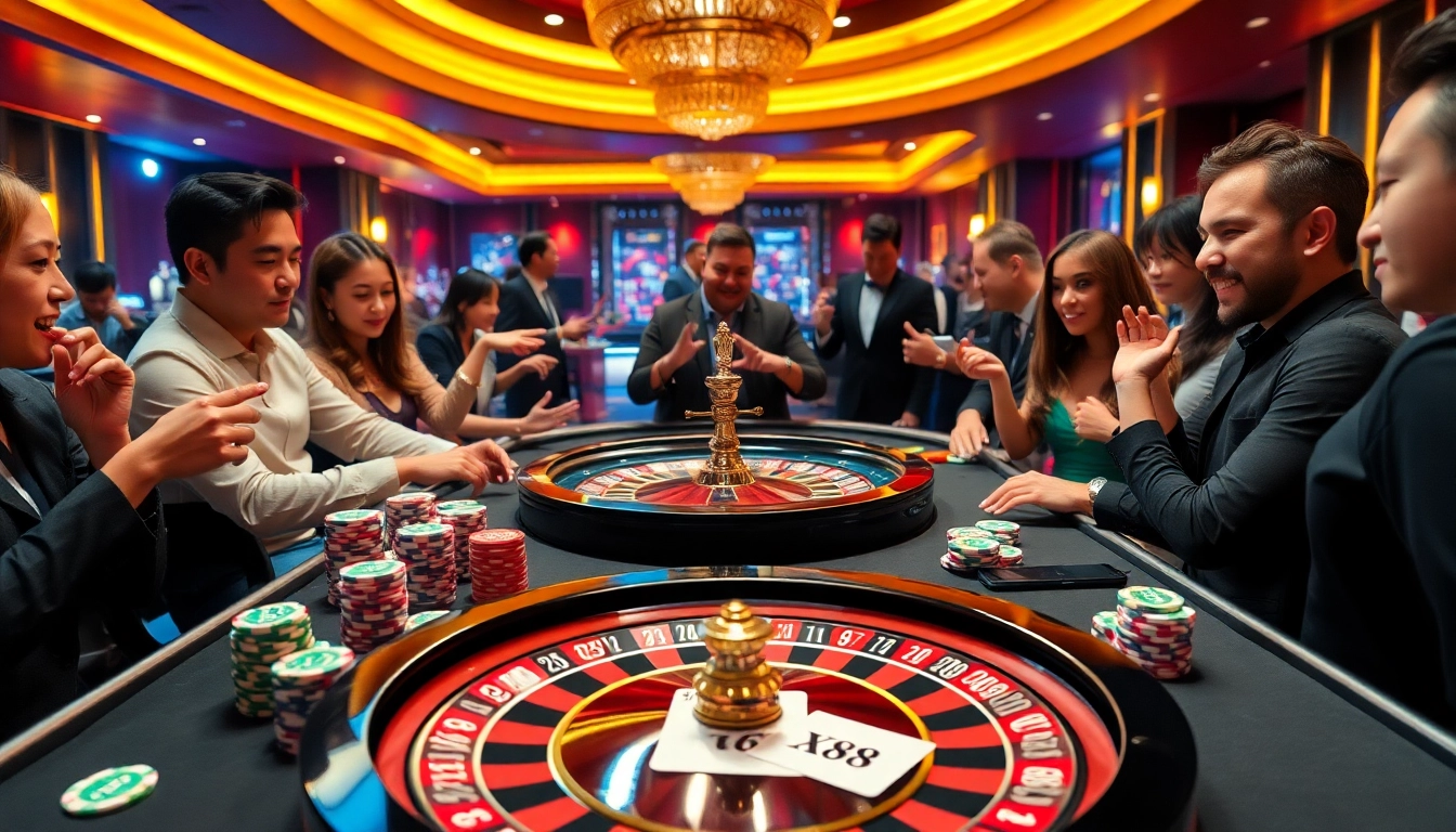X88 themed poker table with players enjoying high-stakes gambling in a luxurious casino setting.