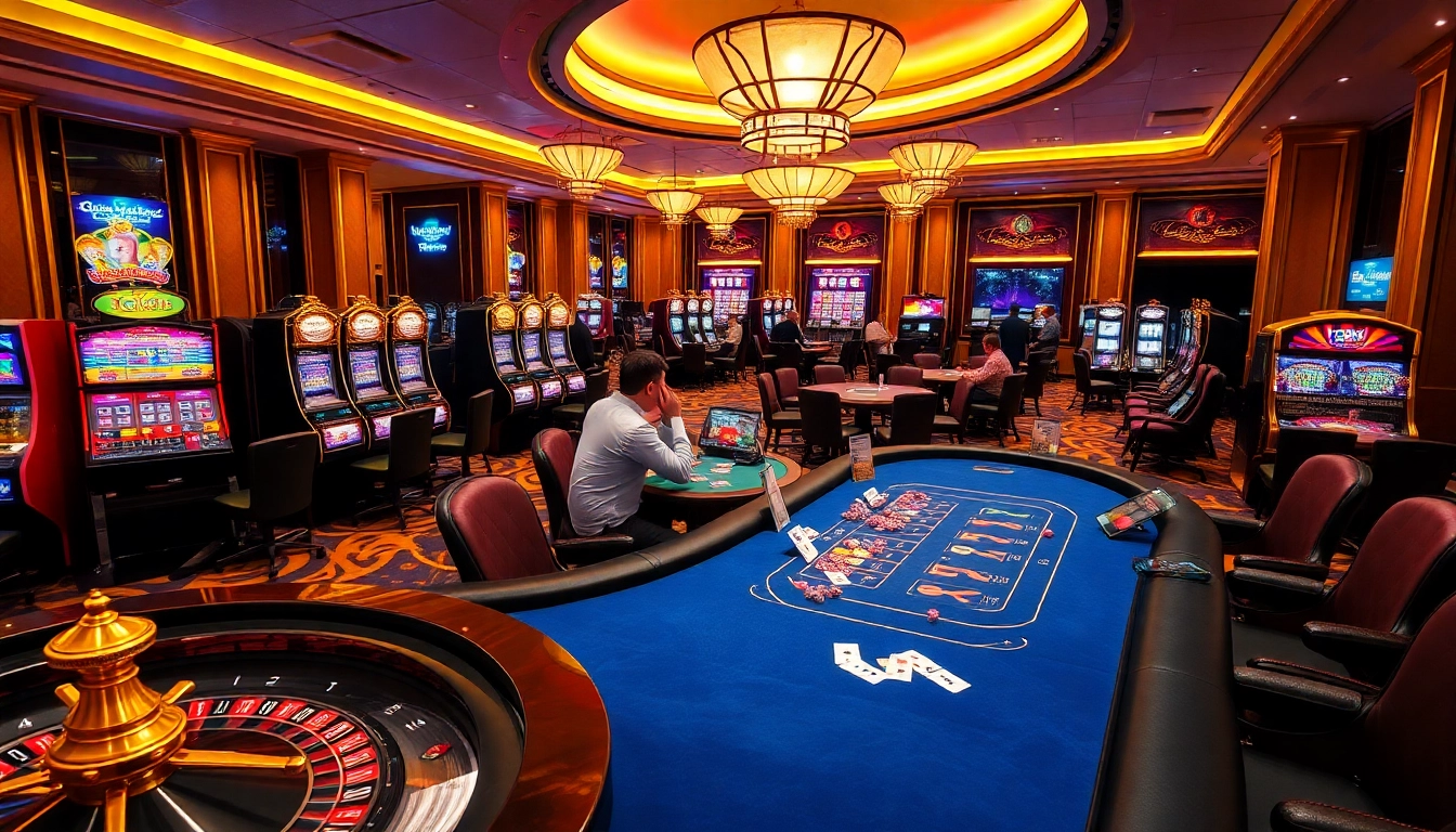 The thrill of playing Tài Xỉu at tg88's luxurious casino with vibrant slot machines and engaged players.