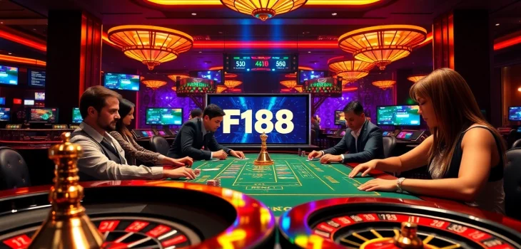 Exciting gameplay at F168 casino with vibrant gaming table and poker chips.