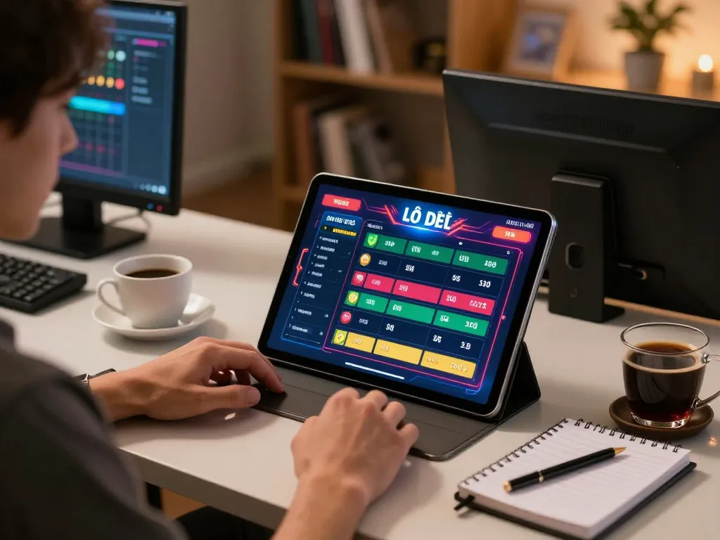 Lô Đề Uy Tín player using a tablet in a cozy setup for responsible online gaming.