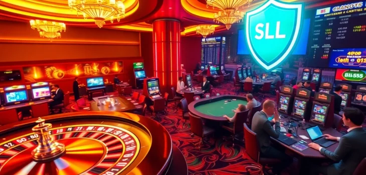 Experience the excitement of BL555 with vibrant casino elements including roulette, poker tables, and slot machines.