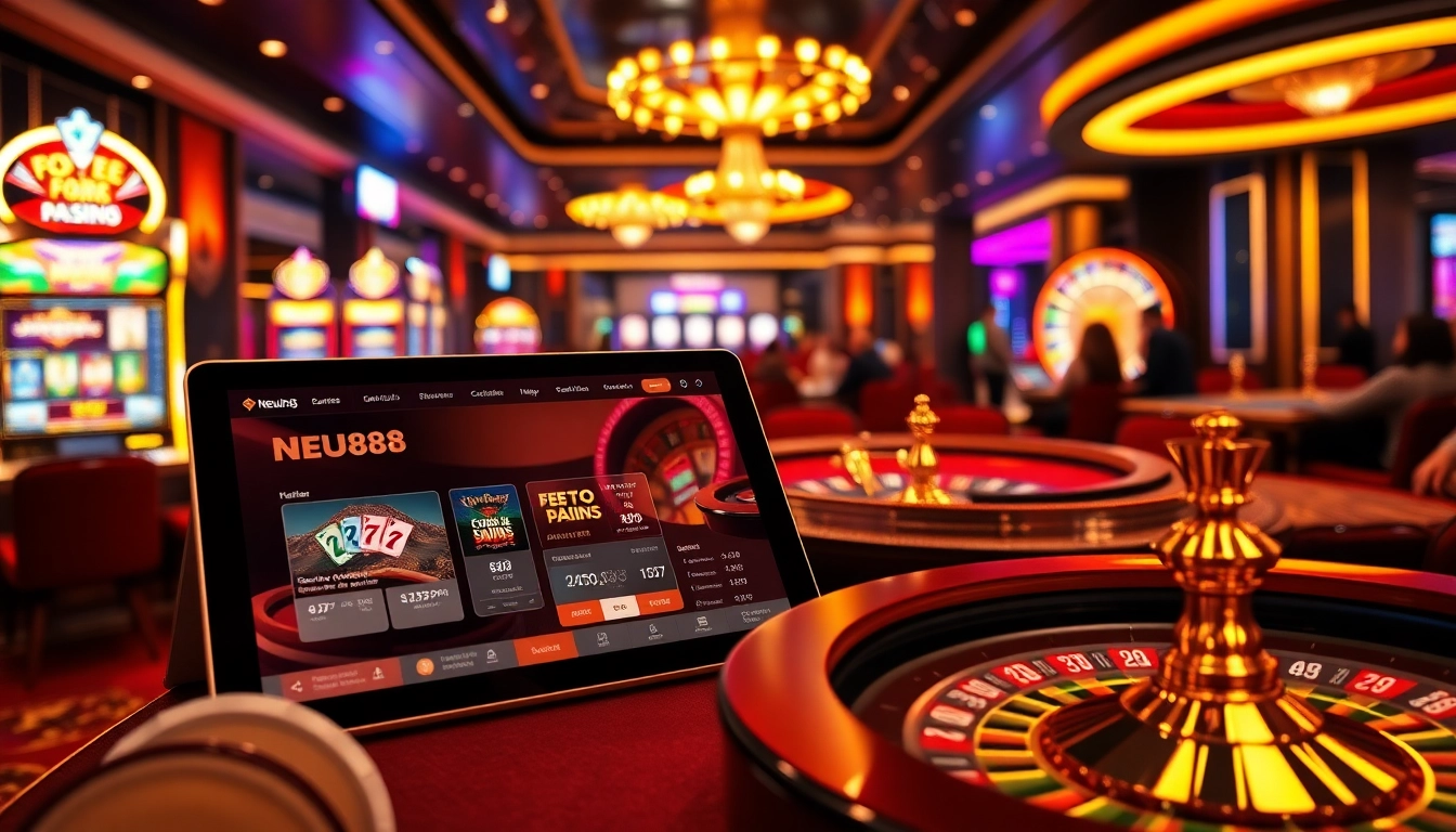 Experience the excitement of NEU88 online gaming with vibrant casino visuals featuring roulette and poker elements.