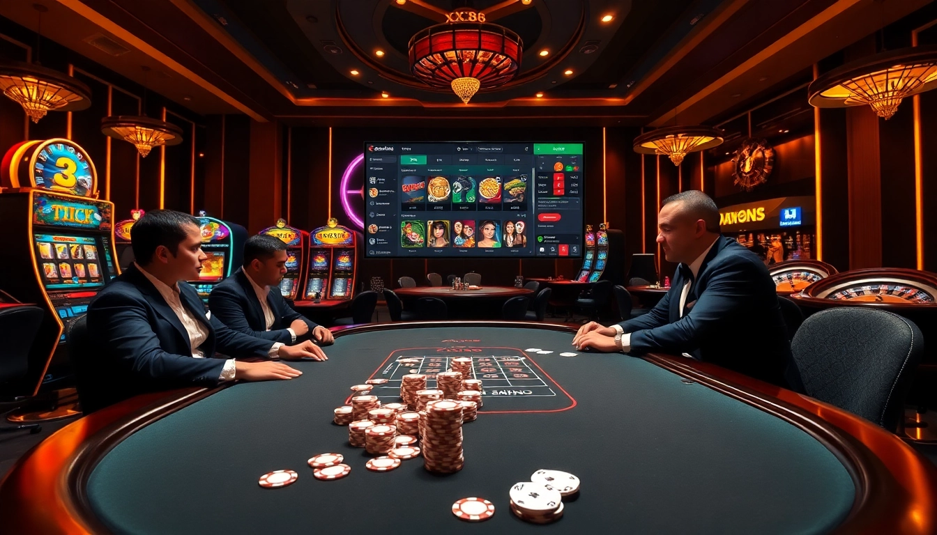 Experience the thrill of winning at https://xx88.moe/ with a luxurious casino poker table and vibrant slot machines.