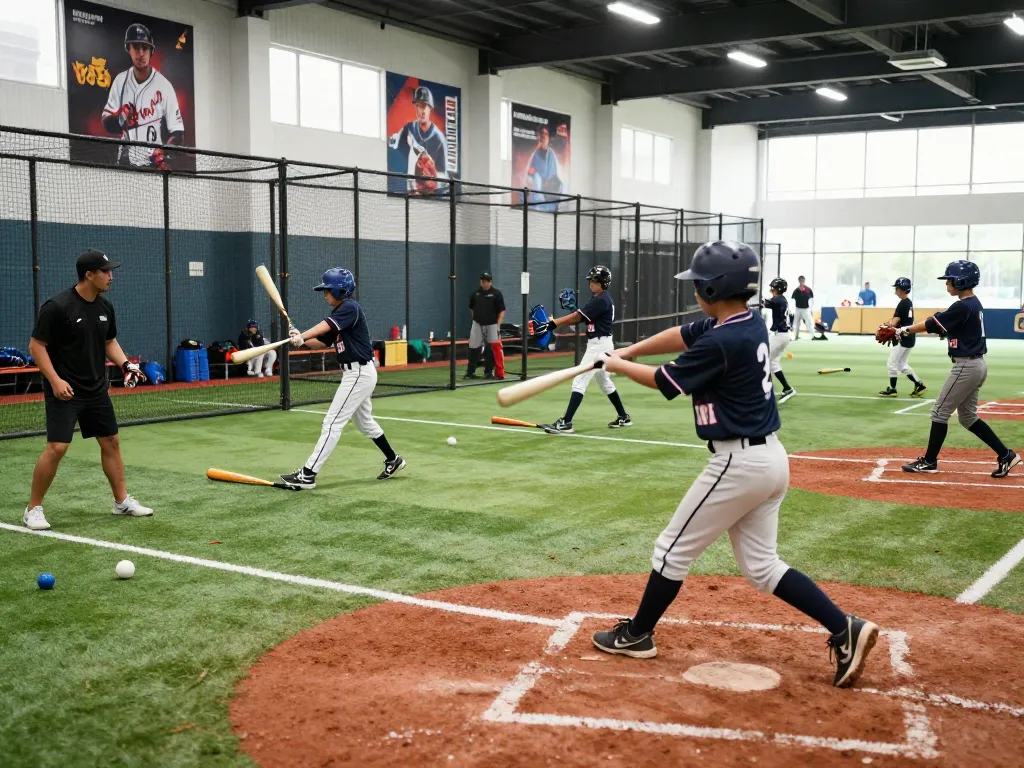 Hitclub baseball training scene showcasing young athletes practicing hitting with coaches at a modern facility.