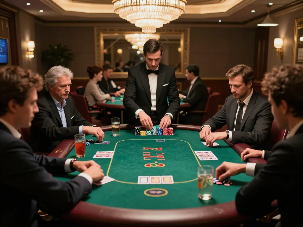 Poker players engaged in an intense game at NK881's upscale VIP table room, showcasing strategy and excitement.