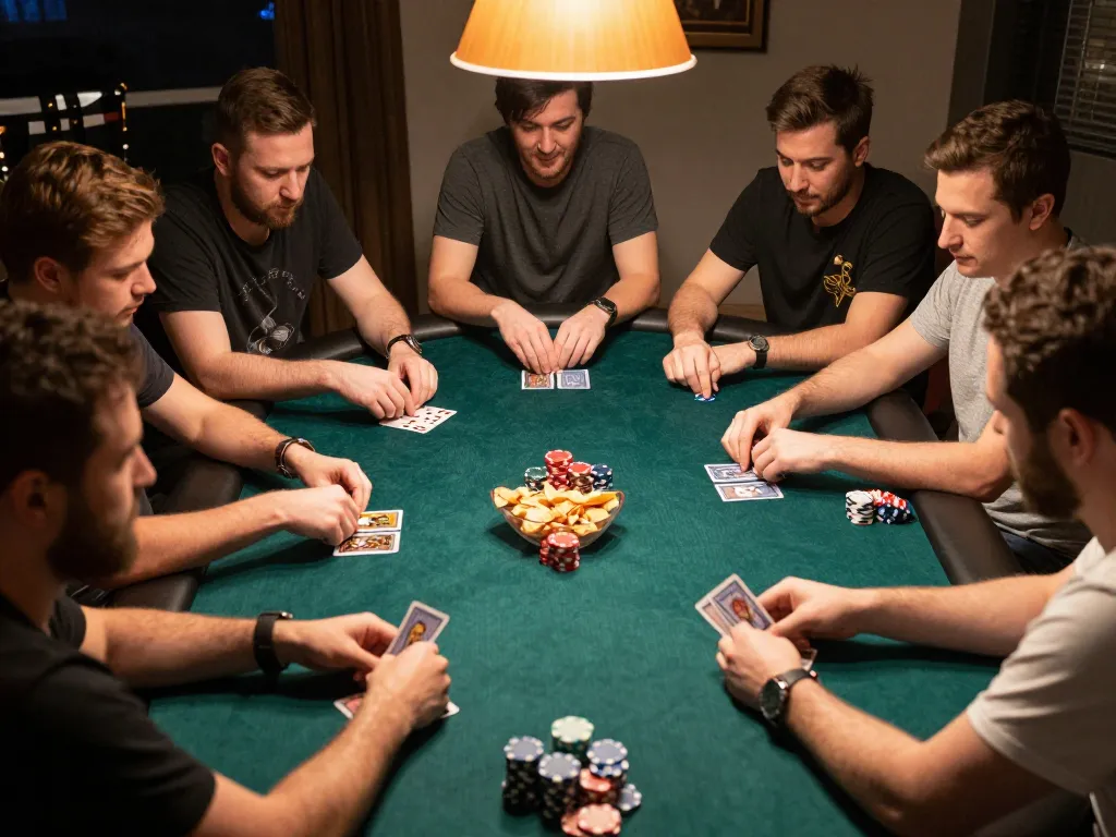 Players are engaged at a poker table during a Go 88 home game night, analyzing cards and strategizing.