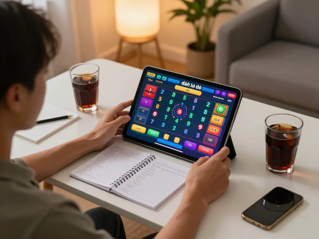 Engaging in đánh lô đề online with a vibrant tablet display and strategic notes at a stylish home setup.