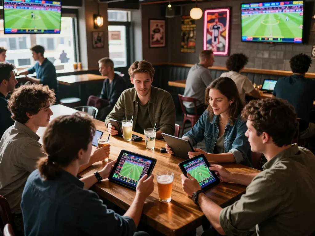 Watch friends strategize their sports bets on the 577F platform amidst a lively bar atmosphere.