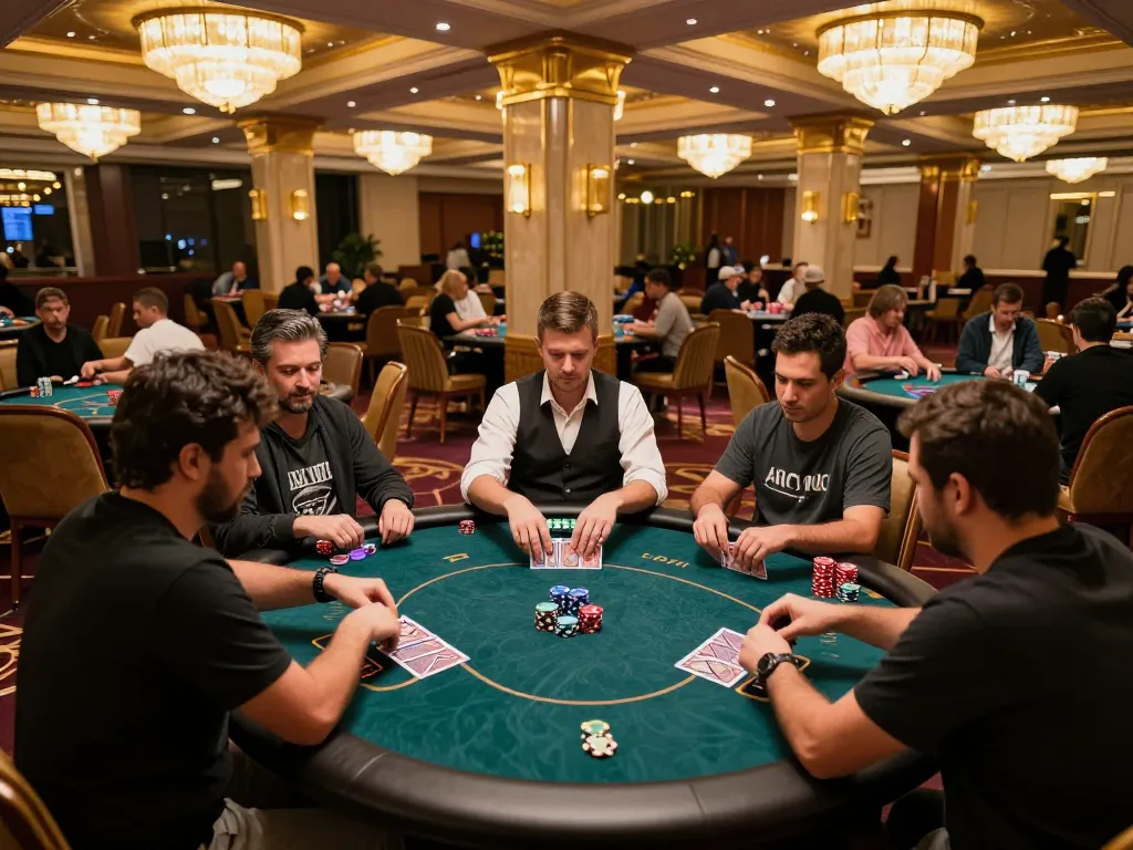nhacaiuytin showcases players engaging in poker on a vibrant casino floor