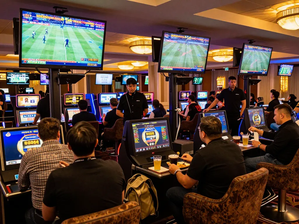 KQBD sports betting scene with enthusiastic patrons placing bets and watching live events.