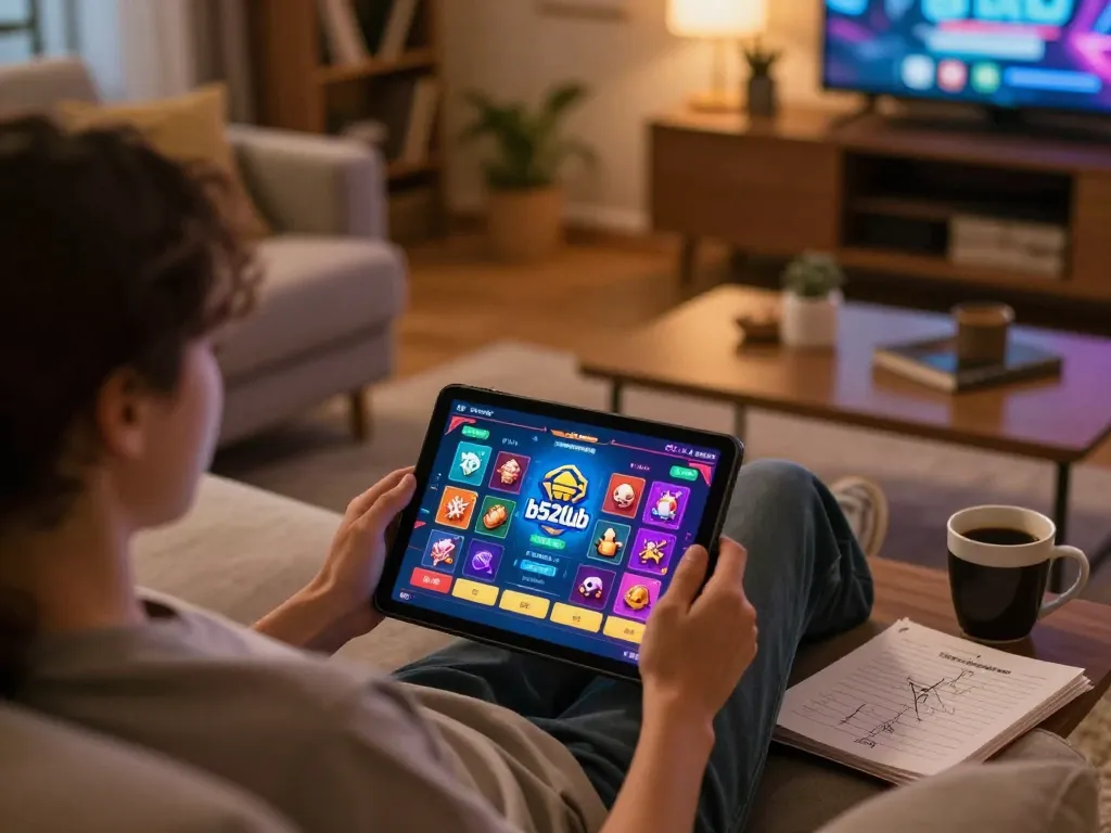 b52club user enjoying online gaming on tablet in cozy home setting with strategy notes