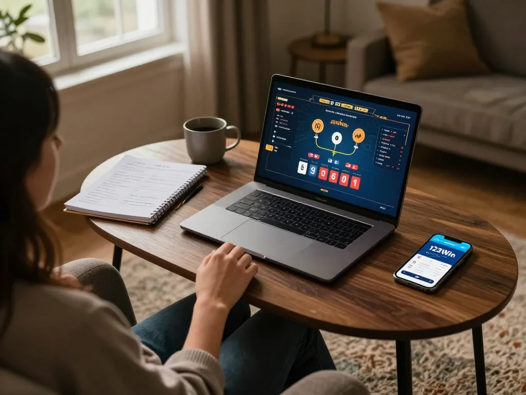 Engaging in live blackjack on 123Win co laptop setup while studying betting strategies