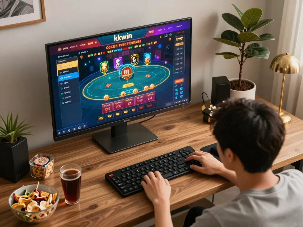 Engaging player enjoying online gaming on kkwin platform in a cozy home office setting.