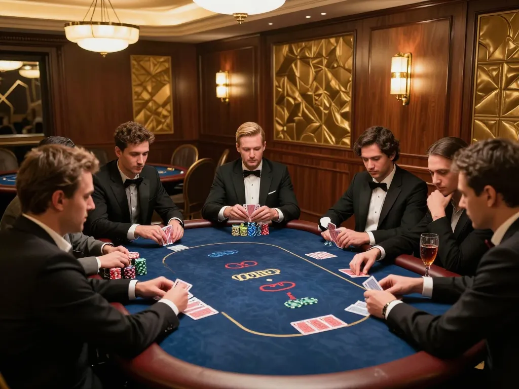 Sunwin players strategizing at a high-stakes poker table in a luxurious casino setting.