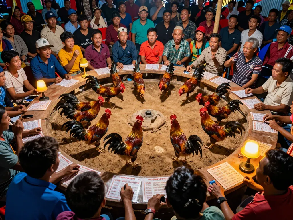 Participants engaging in Đá gà thomo betting action during a lively fight, showcasing excitement.