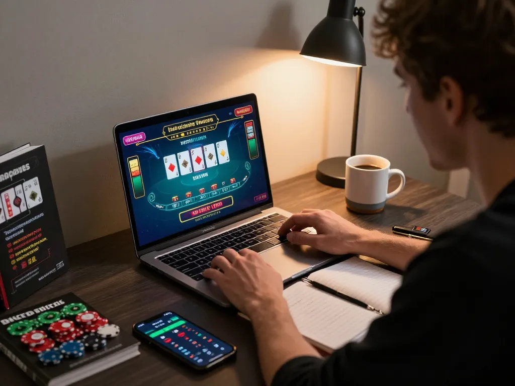 Player engaged in online blackjack gameplay on KKWIN trang chủ, showcasing strategic decisions and comfortable setup.
