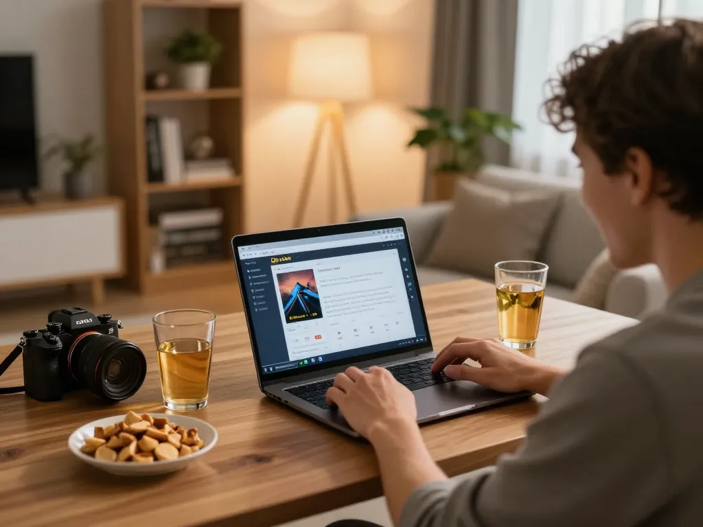 Người chơi tận hưởng Link 12bet trên laptop trong không gian ấm cúng tại nhà với đồ ăn vặt và đồ uống xung quanh.