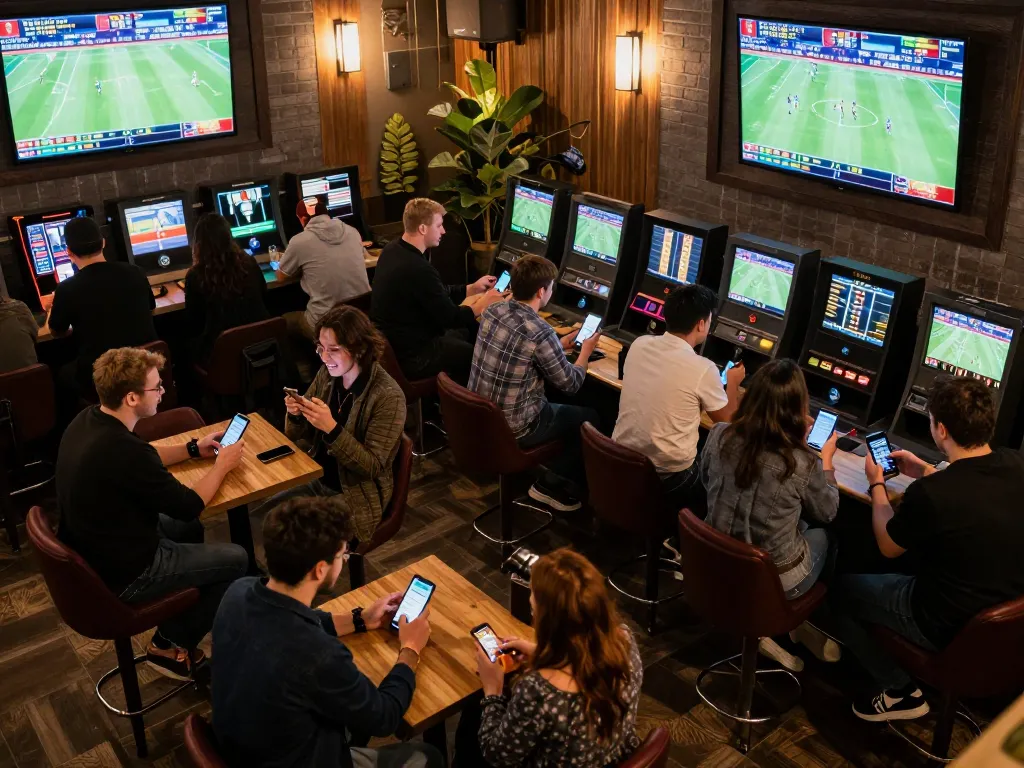 SboBet users placing bets in a lively sports betting lounge, showcasing excitement and engagement.