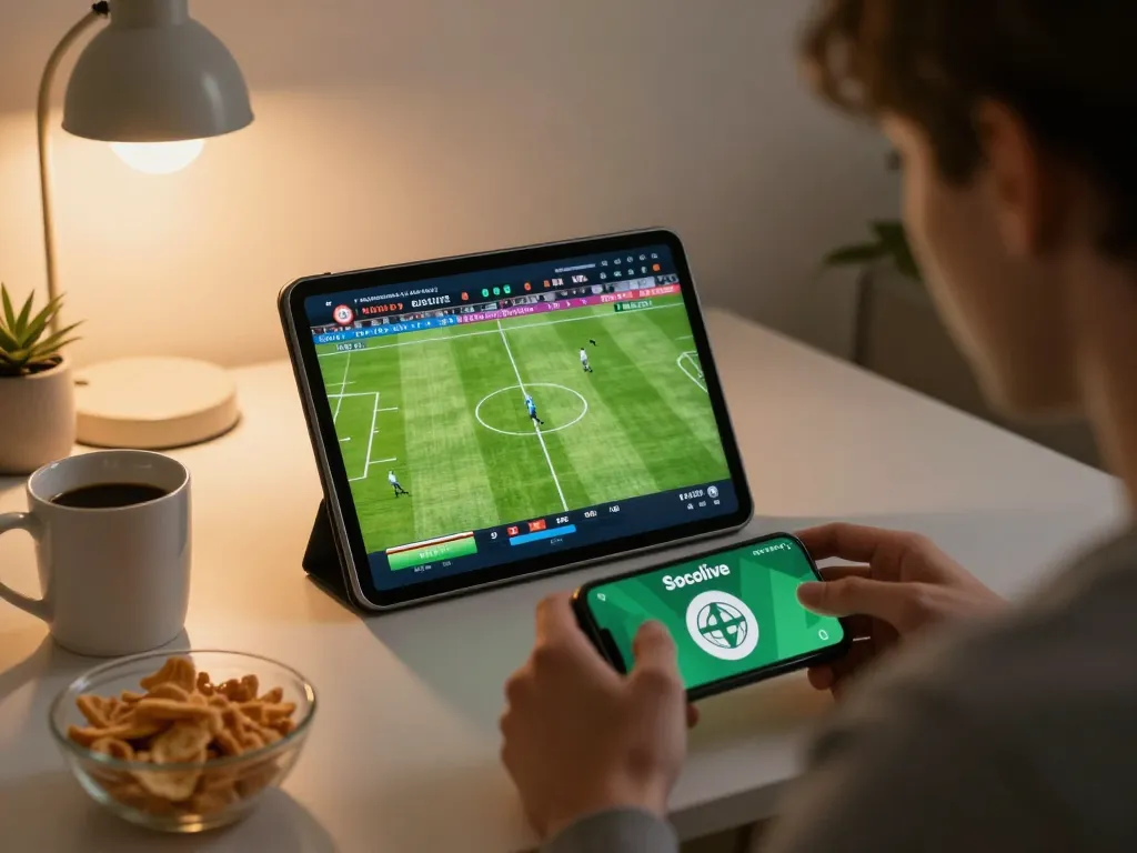 Socolive live football betting action at home, showcasing a dynamic user interface and vibrant match statistics on tablet.