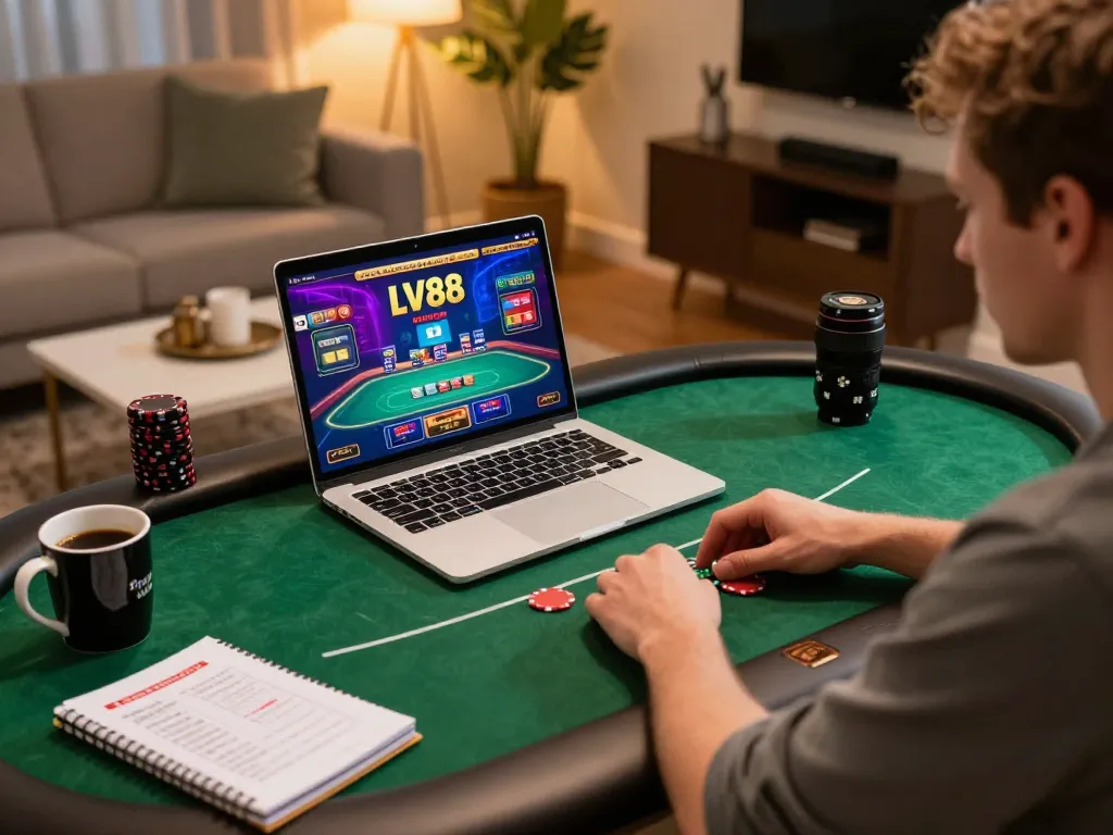 Player strategizing poker game on LV88 platform from cozy home desk