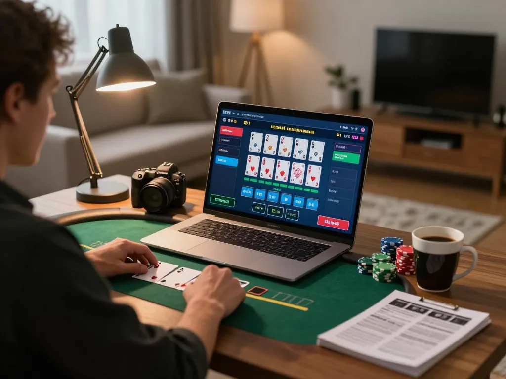 MM88 gaming session with a player engaged in live blackjack from home, showcasing responsible gambling.