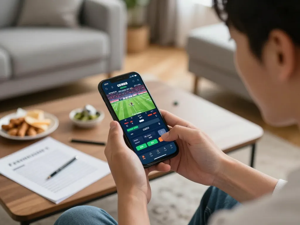 Engaging in online sports betting on GEM88, showcasing smartphone interface and a cozy living room setting.