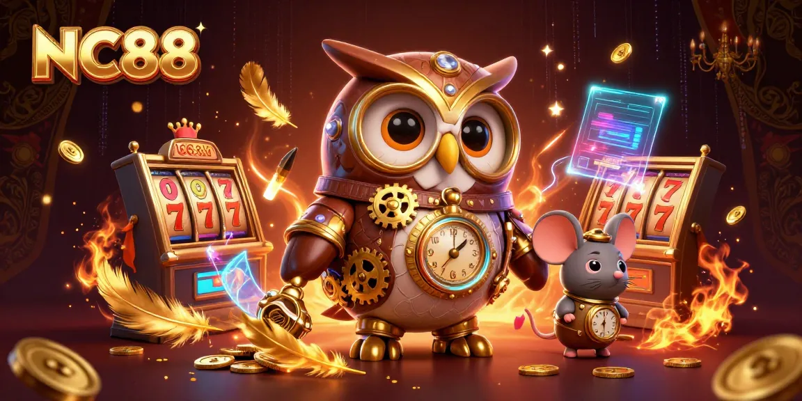 Engage in thrilling NC88 gameplay surrounded by vibrant casino elements like slot reels and golden tokens.