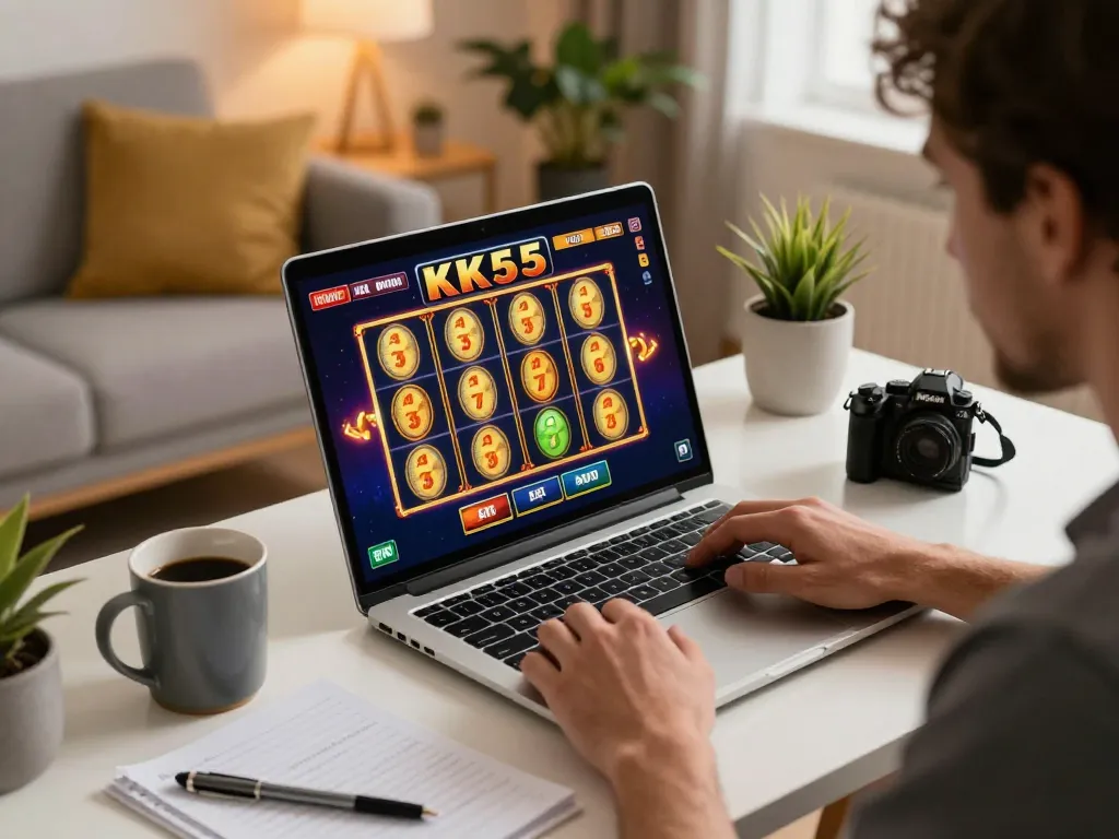 Player enjoying KK55 slot game from home, combining comfort with strategic online gambling experience