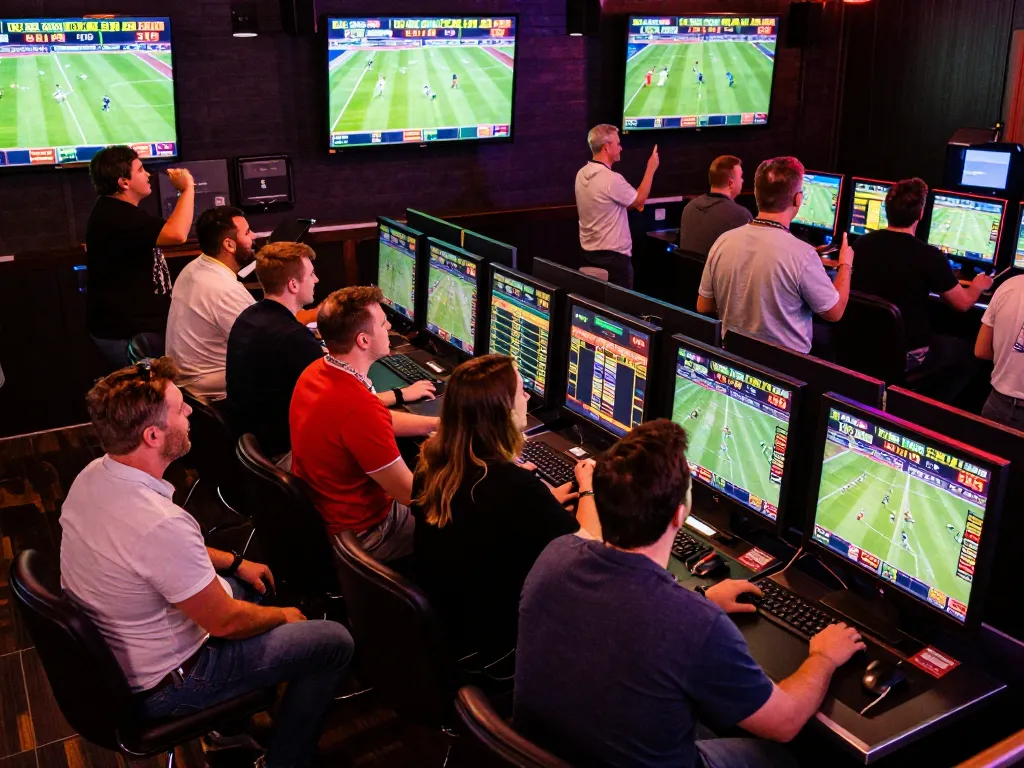 TR88 bettors engaged in real-time sports gambling excitement with dynamic screens.