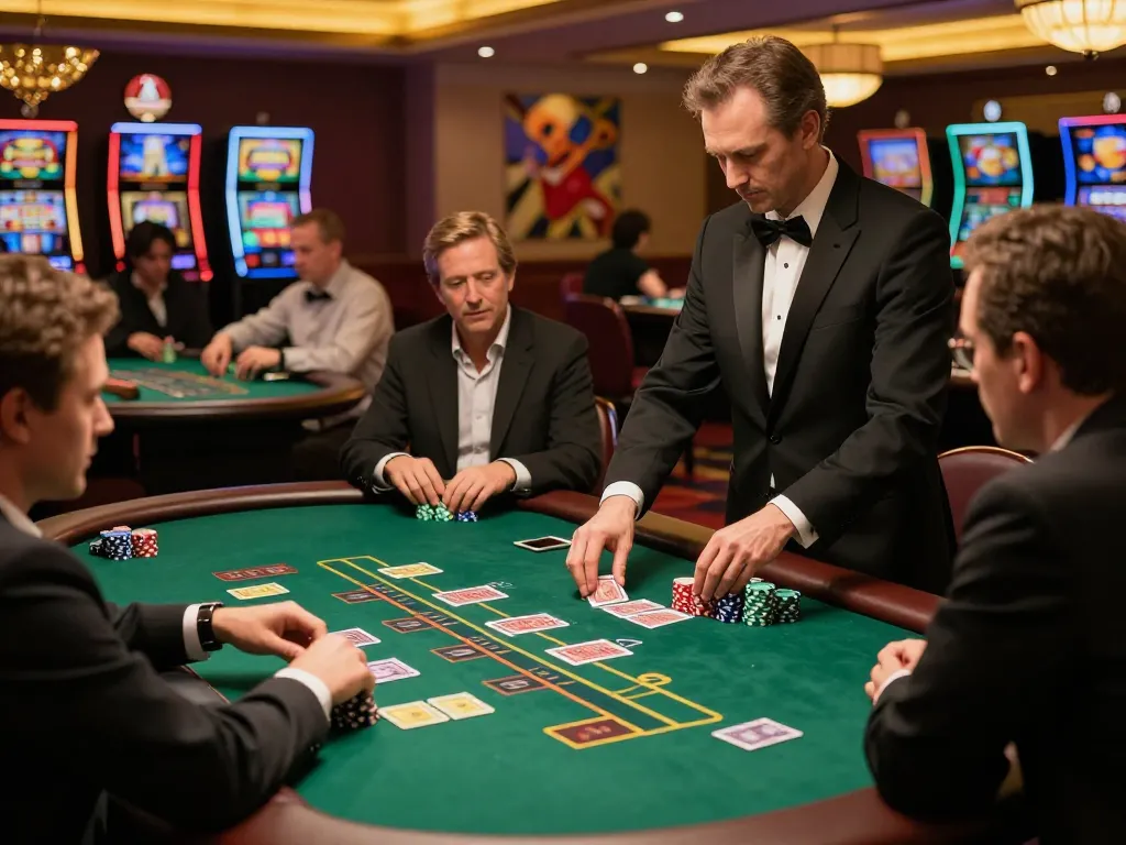 Players enjoying blackjack at MM88 casino, showcasing strategy and excitement in a lively venue