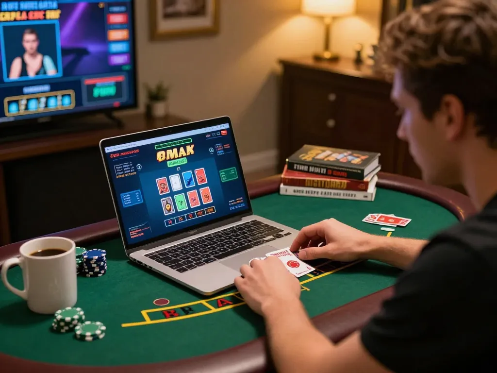 Experience adrenaline with PUB88 as you play blackjack online, strategy book and chips visible.