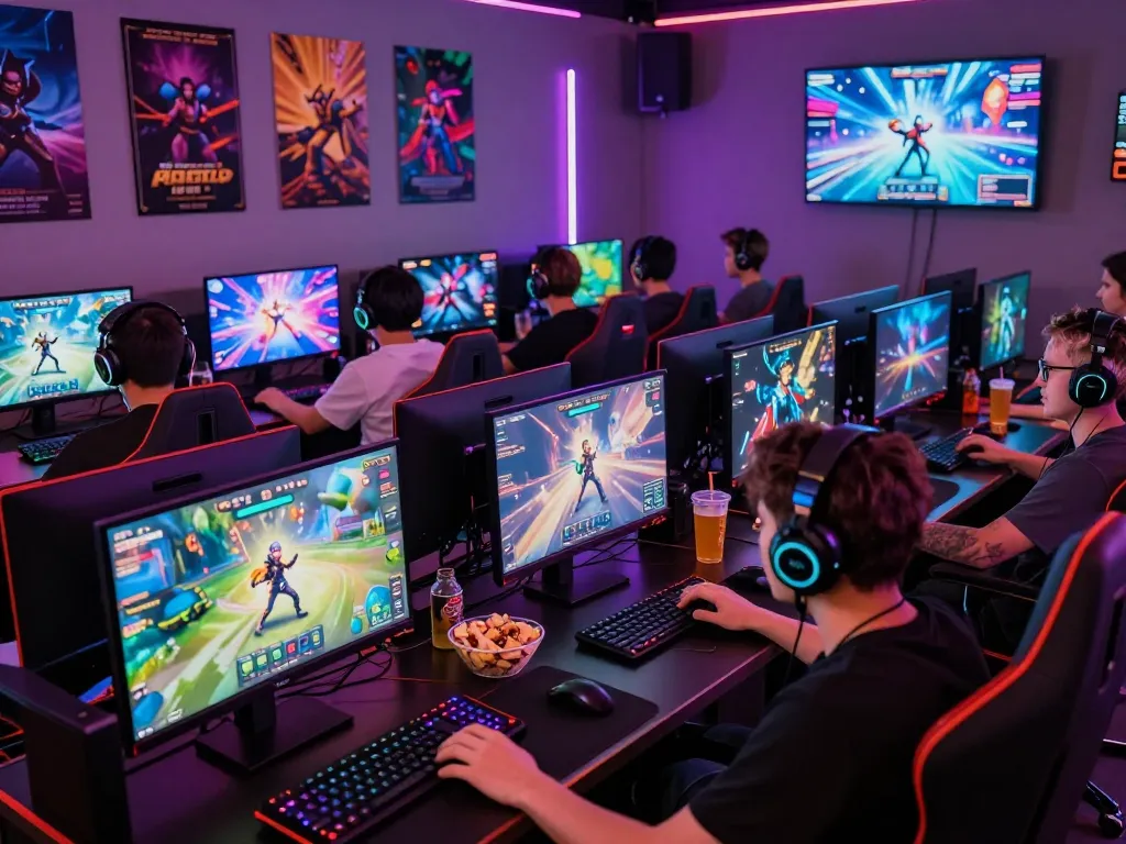 Friends enjoying an engaging gaming session on Sunwin platform, surrounded by colorful LED lighting and snacks.