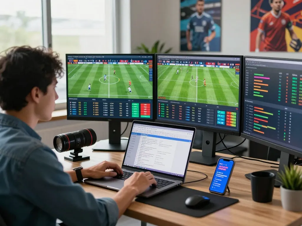 Real-time football analysis on multiple screens by a professional using nowgoal for live data insights.