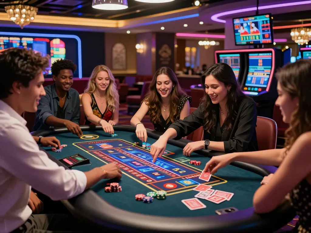 Friends enjoying MM88 online gaming experience at a vibrant casino table, showcasing excitement and camaraderie.